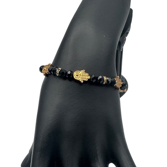 Copper Hamsa Hand & Black Beaded Stretch Bracelet - Picture 2 of 4